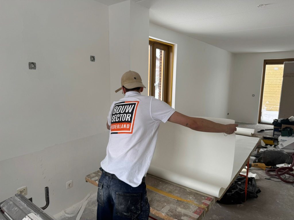 Behanger van Bouwsector Nederland rolt een baan behang uit op de plaktafel in een nieuwbouwwoning met kale wanden
